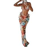 Luckydora Women's Long Skirt Bikini Set Floral Print High Slit Halter Top Swimsuit Tie Side Beach Vacation Cover Up