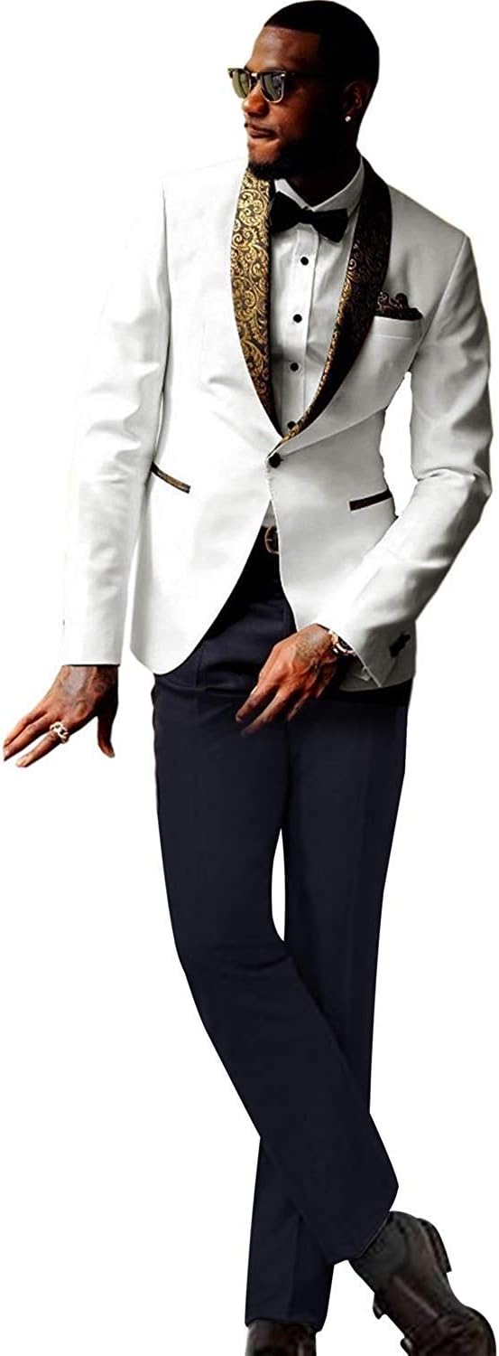 Mens 2-Piece Groom Suit White One Button Tuxedo Wedding Party Jacket & Pants