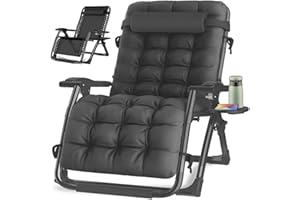 KINGBO Oversized Zero Gravity Chair, Lawn Recliner, Reclining Patio Lounger Chair, Folding Portable Chaise, with Detachable Soft Cushion, Cup Holder, Adjustable Headrest, Support 500 lbs. (32" Black)