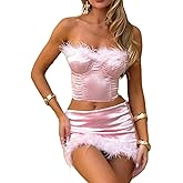 Eofnengsohio Women's Fringed Strapless Skirt Set Pink Sexy Bodycon Two Piece Outfit for Vacation Parties Date Nights