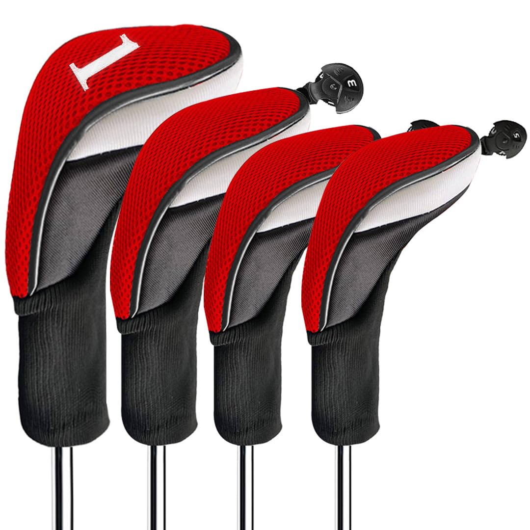 FINGER TEN Golf Club Head Covers for Woods Long Cover Driver Hybrid Fairway, Headcovers with Interchangeable No. Tag Novelty Durable Fit Woods Clubs (Red-4 pack (1 Driver& 1 Fairway&2 Hybrid))