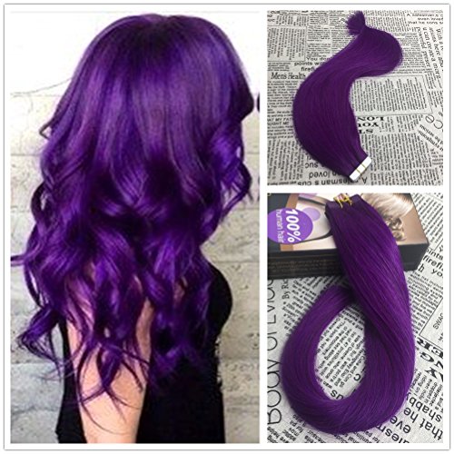 Moresoo 20 inch 50g/20pcs Best Quality Color Deep Purple Colored Brazilian Hair Extensions Adhesive Tape In Remy Human Hair Pastel Hair