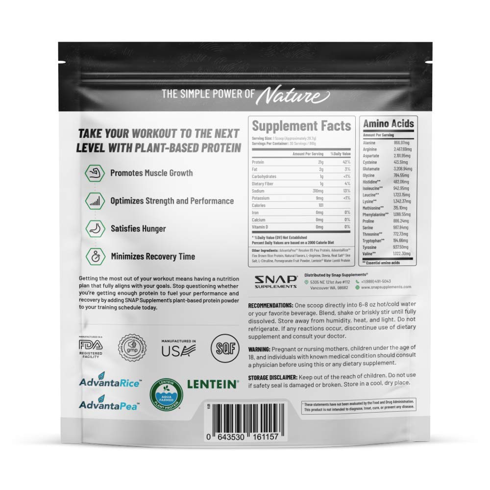 Snap Supplements Organic Plant Based Vegan Protein Powder Nitric Oxide Boosting Protein Powder, Vanilla Bean, BCAA Amino Acid for Muscle Growth, Performance & Recovery - 30 Servings (Vanilla)