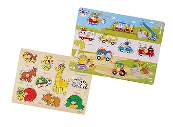 BYM Holzpuzzle Steckpuzzle Kinderpuzzle Holz Lernspielzeug Pädagogisches Spielzeug für Kinder ab 2 Jahre 2 Stück (Tier+Verkeh