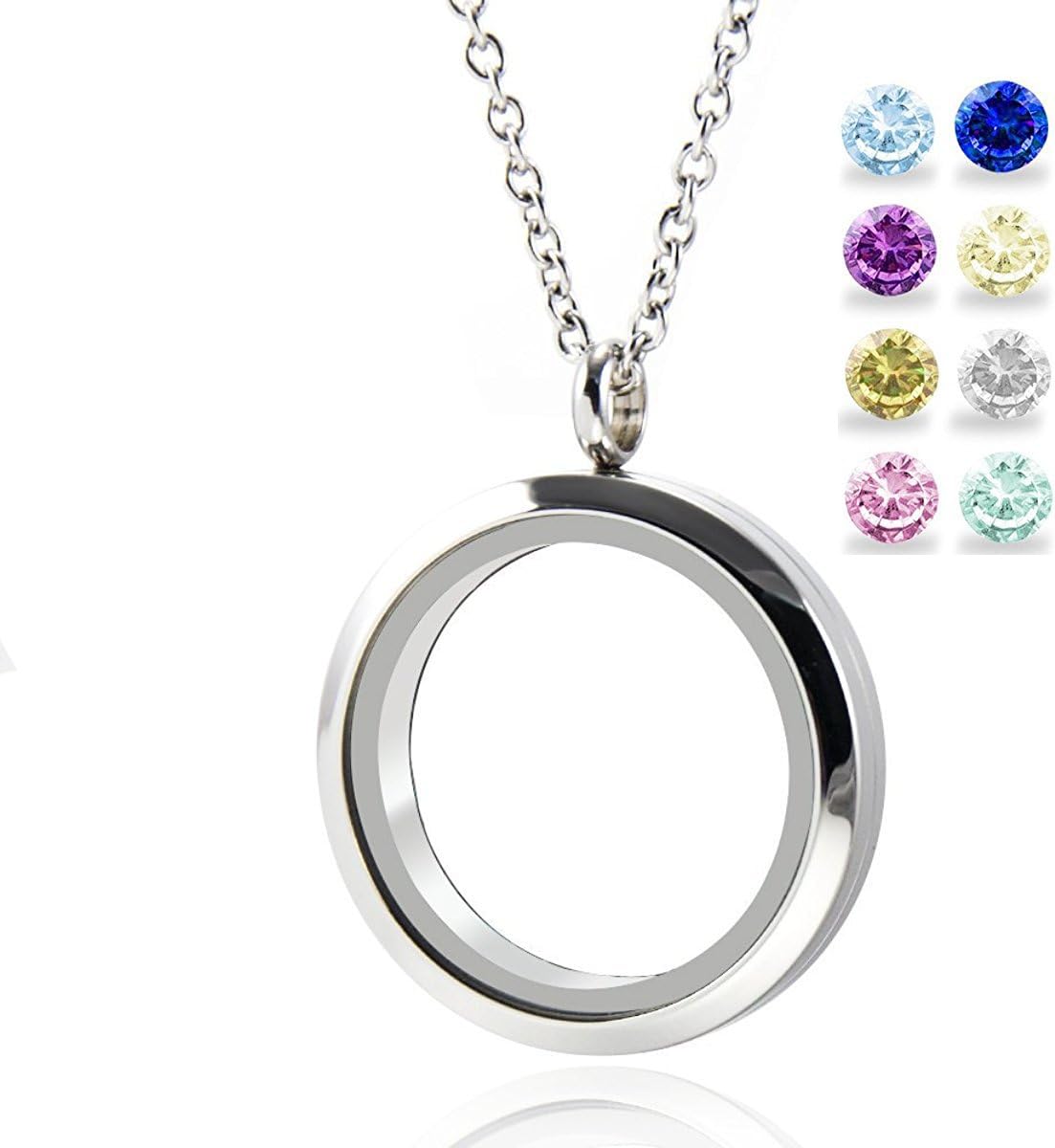 Living Memory Floating Round Locket Pendant Necklace 316L Stainless Steel Toughened Glass Free Chain and Zircon