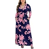 HAOMEILI Women's L-5XL Long Sleeve V-Neck Plus Size Maxi Dresses with Pockets