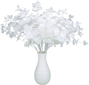 Greentime 2 Pack White Artificial Eucalyptus Leaves Bouquet with 20 Branches Fake 18.5 Inches Silver Dollar Eucalyptus Stems for Wedding Table Centerpiece DIY Flower Arrangements Vase Decor