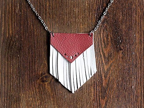 Cerise pink and white leather fringe tassel pendant Boho pendant