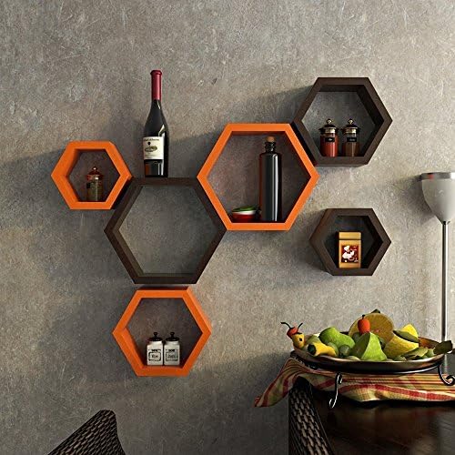 Credenza Hexagon Shape Wall Shelf Set of 6 (Orange and Brown)