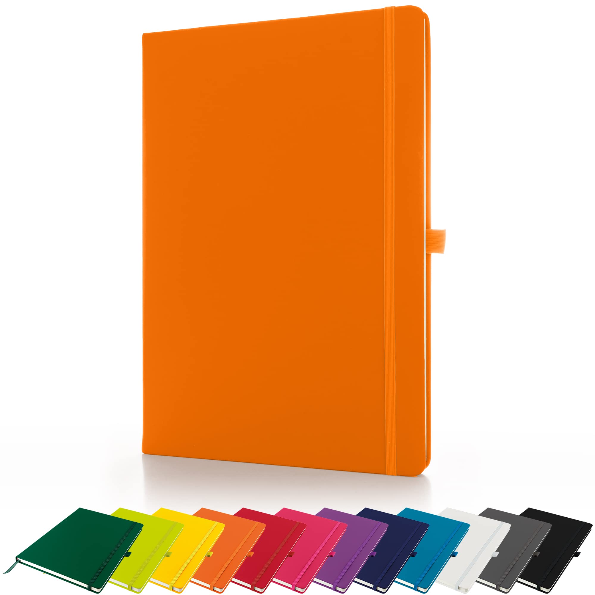 Savvy Bee Premium A4 Notebook New Lined Hardback Journal with Pen Loop,196 Page, Elastic Closure and Ribbon Marker Notepad Note Book Notes Pad (Orange)