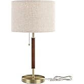 EDISHINE Mid Century Table Lamp, Bedside Lamp with Pull Chain Switch, Solid Wood & Metal Pole, Modern Nightstand Table Lamp f