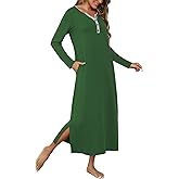 Marvmys Womens Long Sleeve Nightgowns Long Button Up Night Gown Henley V Neck Full Length Sleep Shirts with Pocket