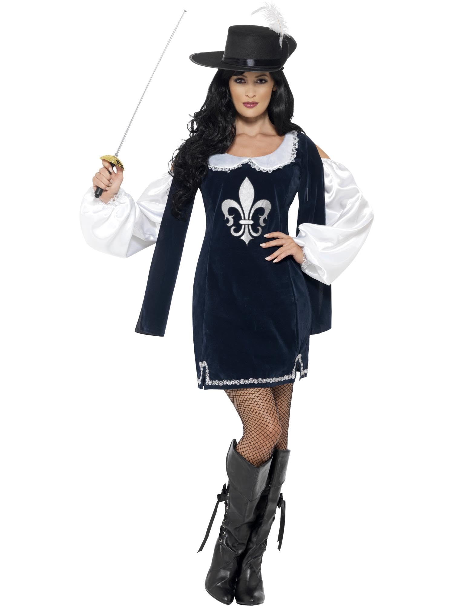 Smiffys Musketeer Female Costume, Navy with Dress & Hat, Historical Fancy Dress, Medieval Dress Up Costumes, World Book Day