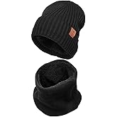 Men's Winter Hat Beanie Scarf Set Warm Knit Hats Neck Warmer with Thermal Polar Fleece Lining Winter Set for Women