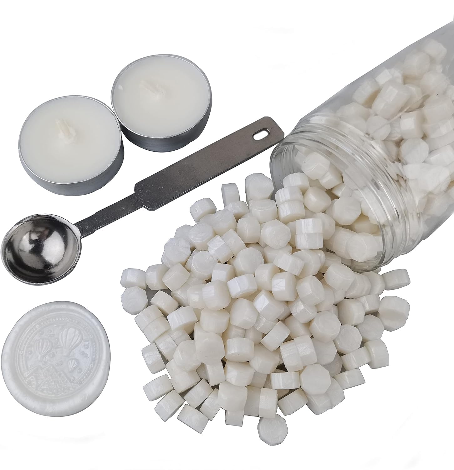 Sealing Wax Beads, AMTOL 300 Pcs Wax Sealing Beads with 2 Pcs White Candles and 1 Pcs Wax Melting Spoon, Great for Wedding Invitations,Cards Envelopes, Gift Wrapping (Pearl White)