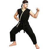 ZIFUNMUR Adult Men Costume Karate Gi Sleeveless Uniform Halloween Cosplay Tunic Shirt Pants Outfit With Black Headband Belt