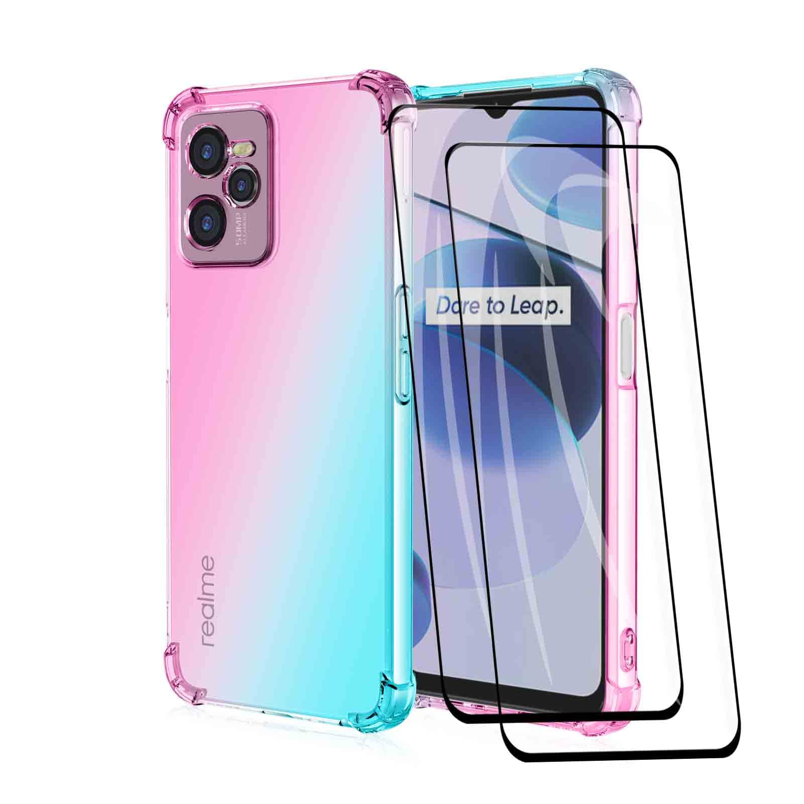 WEIOU Soft TPU Cover for Realme C35 4G (6.6") Case, Slim Fashion Non-Slip Flexible Protective Shock Absorption Gradient Transparent Phone Shell Bumper (Pink Green)