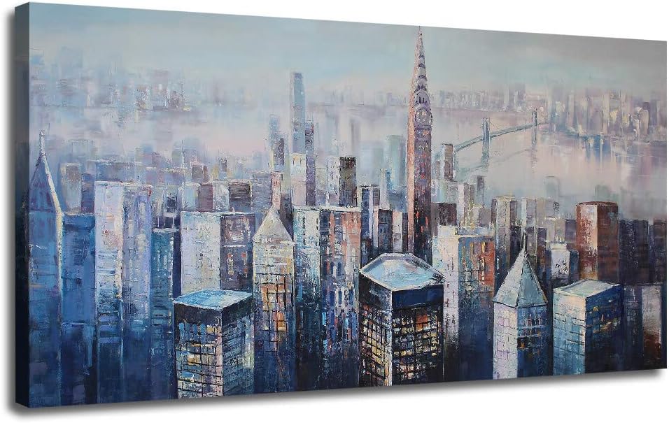 Ardemy Canvas Wall Art Abstract Blue Grey New York Cityscape Panoramic Skyline Painting Modern Brooklyn Bridge Framed Picture Artwork Extra Large Size for Living Room Bedroom Home Office Decor 60"x30"