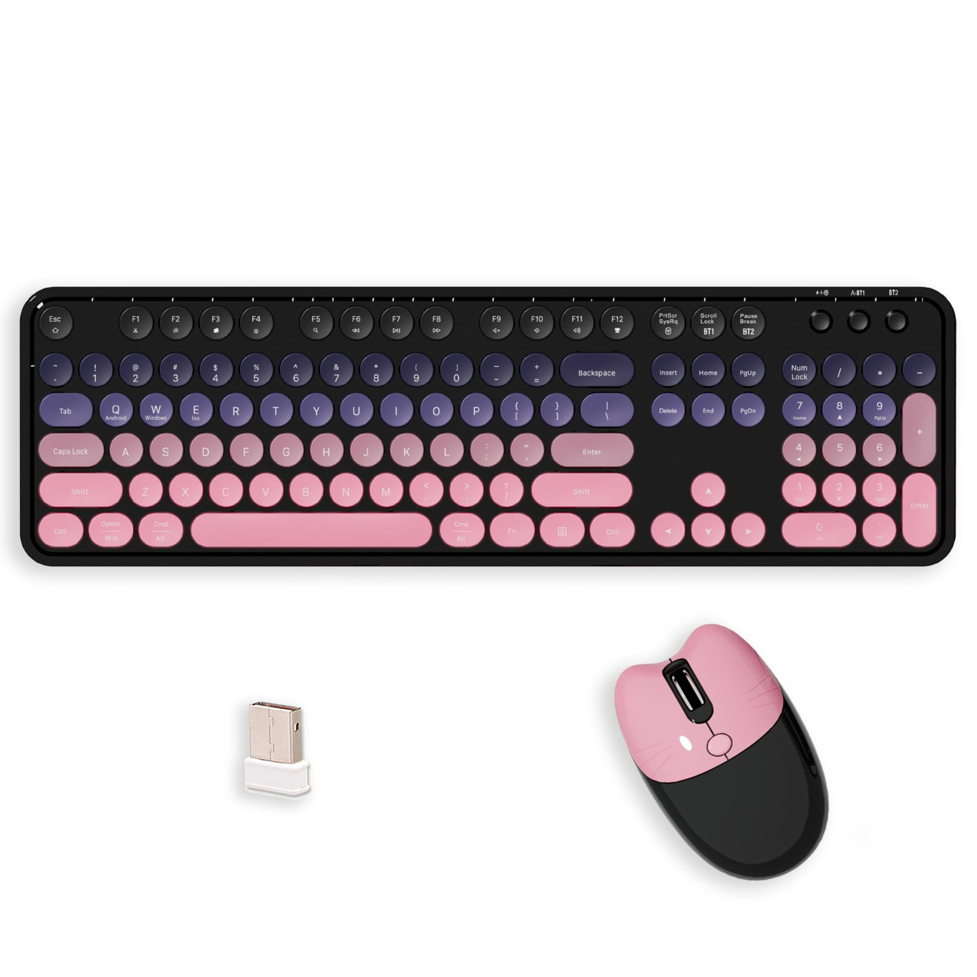 Photo 1 of 2.4G Full Size Wireless Keyboard and Mouse Combo, Bluetooth/2.4G Dual Mode, Typewriter Style Round Keycap, Cute Gradient Colors, Compatible with PC/Notebook/Tablet/Smartphone (Black Pink)