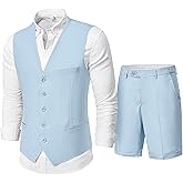 MY'S Men’s 2-Piece Linen Vest Pants, Lightweight Waistcoat Shorts, Casual Beach Summer Wedding Prom Homecoming Outfit