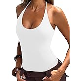 REORIA Bodysuits for Women Sexy Halter Tie Back Deep U Neck Bodysuit Backless Cami Tank Top
