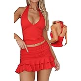 Womens High Stretchy 2 Piece Halter Top Ruffle Mini Skirt Set Y2k Summer Outfits 2025