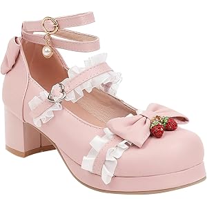 Girls Kawaii Mary Jane Dress Shoes Kids Bow Pearl Lace Chunky Heel Pumps Princess Cute Sweet Ankle Strap Single Shoes