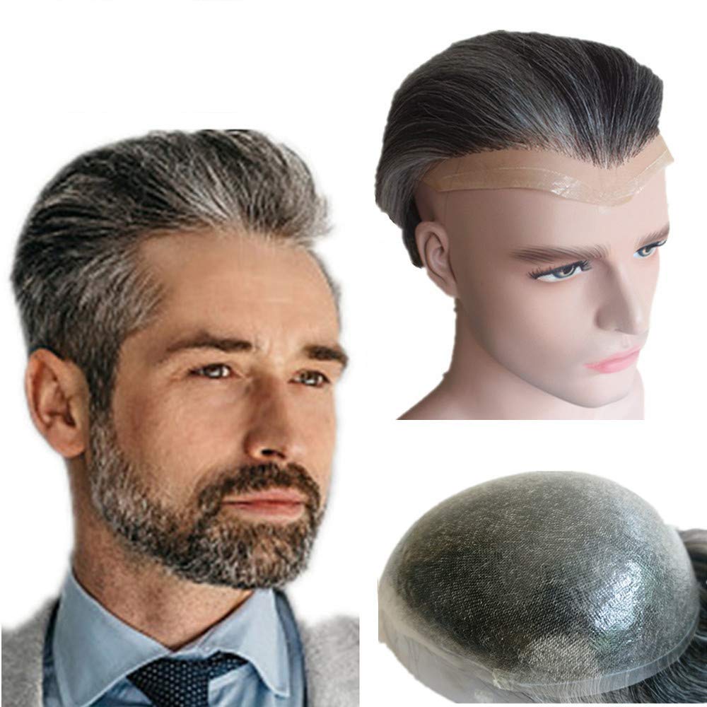 NLW 100% Human Hair Mens Toupee 0.04mm Thin Skin Double Knots Hairpieces for Gentlemen Hair replacement System Man Hair Piece hairs prosthesis units patch implant for men #1B40