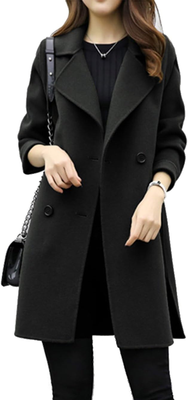 Honwenle Women Lapel Double Breasted Plain Woolen Coat