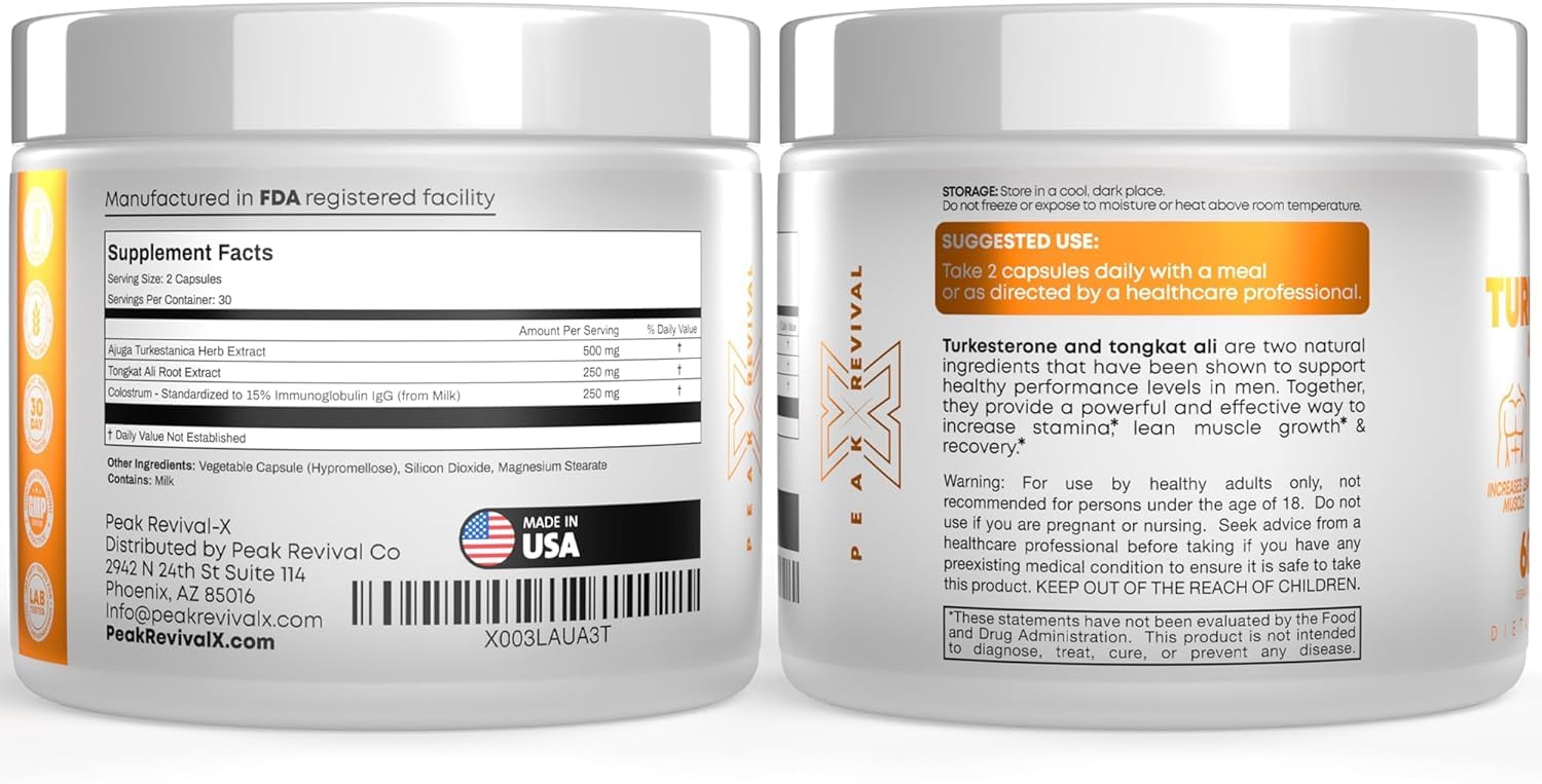 Peak Revival-X Turkesterone & Tongkat Ali 1000mg Supplement - 500mg Ajuga Turkestanica Per Serving Increase Stamina, Lean Muscle Growth & Recovery - Made in The USA (60 Capsules)