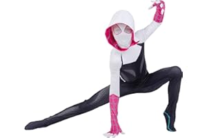 JAZWARES COSTUME PLAY MARVEL Spider-Gwen Official Youth Zentai Halloween Costume - Hooded Spandex Jumpsuit with Printed Design and Pull On Mask