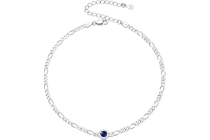 SILVERCUTE Figaro Anklets for Women, Sterling Silver Diamond Cut 3mm Link Chain Ankle Bracelet with Heart/Round Birthstone, Length 8.5"-10.5"