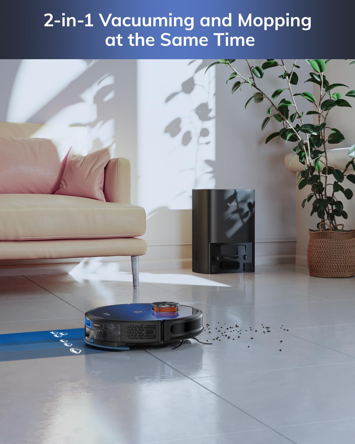 ILIFE Robot Vacuum and Mop Combo, Self Emptying for 60 Days of Cleaning, 3000Pa Suction and Lidar Navigation, Smart Mapping, Wi-Fi/App/Alexa Control, for Pet Hair Carpet Hard Floor, T10s