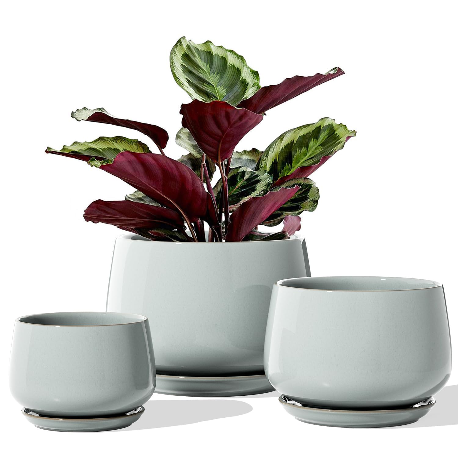 Photo 1 of LE TAUCI Plant Pots for Indoor Plants, 4.1+5.1+6.5 inch, Set of 3, Ceramic Planters with Drainage Hole and Saucer, Indoor Flower Pot with Hole Mesh Pad, Gifts for Mom, Reactive Glaze Blue Gray