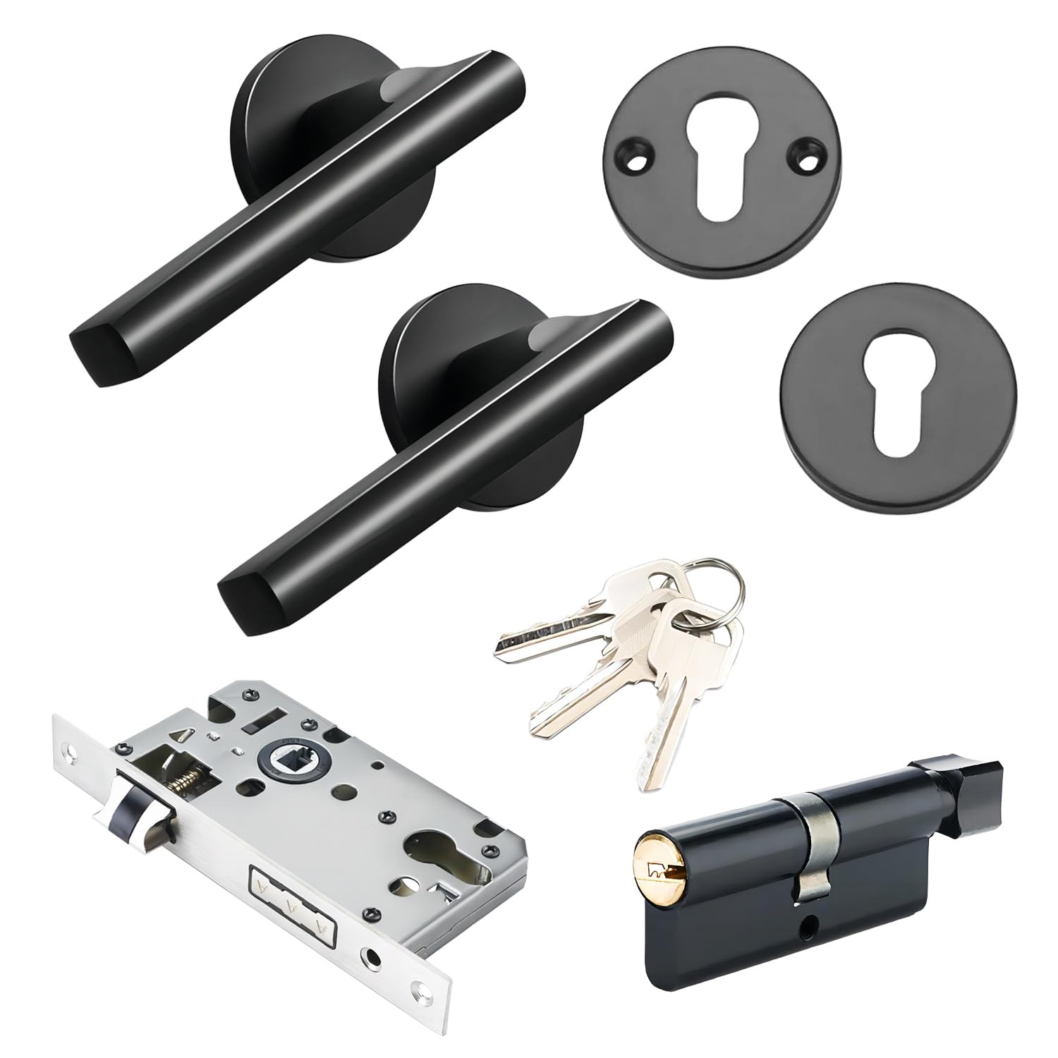 Qrity 1 Set Bedroom Door Handle, Door Knob with Lock and Key, Anti-Theft Black Matte Split Lock, Black Door Handles Sets — image 1