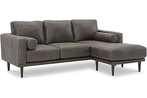 Signature Design by Ashley Arroyo Mid Century Modern Faux Leather Sofa Chaise with Bolster Pillows, Dark Gray