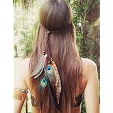 Jumwrit Boho Feather Headband Indian Hippie Gypsy Headpiece Colorful Peacock Feather Tassel Headdress Adjustable Hemp Rope Beaded Hairband Accessories for Women and Girls Festival Party Decoration