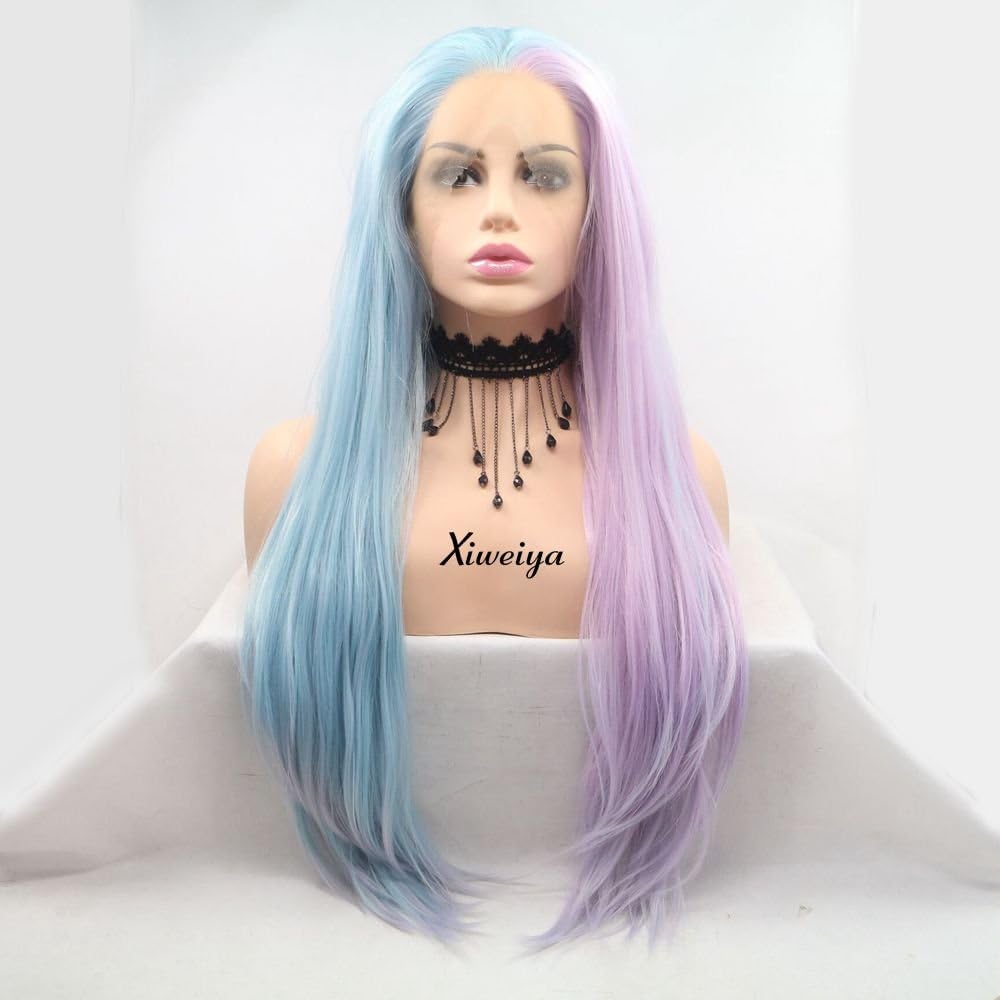 Xiweiya Pink Blue Half Color Lace Front Wig Blue Light Purple Piano Color Synthetic Lace Front Wig Glueless Hair Half Hand Tied Heat Resistant Hair180% Density Wig Drag Queen Cosplay Wig 24inch