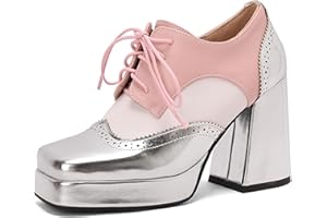 SHEMEE Multi-Colored Oxford Heels for Women Square Toe Chunky High Heels Platform Pumps Lace Up Derby Shoe Leisure Perforated Brogues Work Office Dress Shoes
