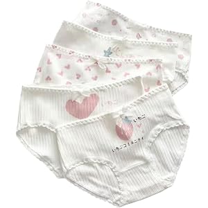 Neglance Cute Strawberry Heart Print Underwear 5 Pack Soft Cotton Briefs Lace Trim Ribbed Panties for Teen Girls Comfort