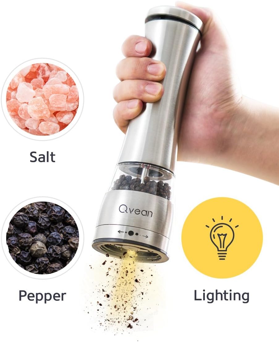 Qvean Electric Pepper Grinder With Light For Salt and Pepper Electric Mill With One Hand Automatic Operation