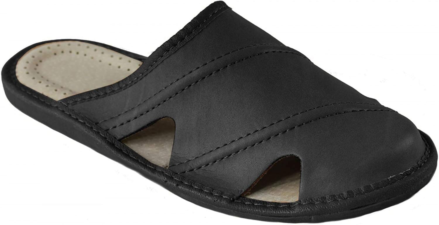 Men's Leather Slippers_19 (13,5, Black) Home & Kitchen