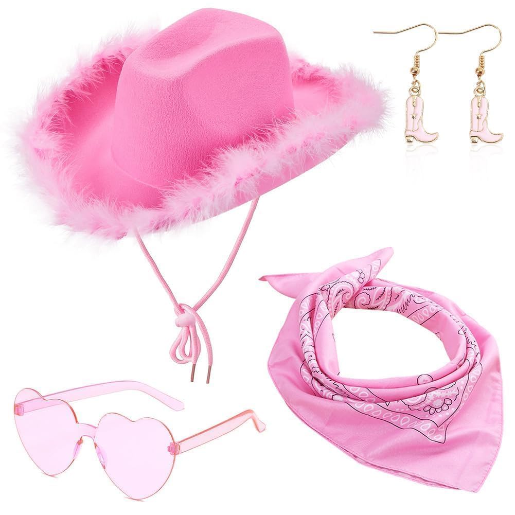 FCXVXCL Cowgirl Hat Cowboy Hats for Women Fluffy Feather Brim Cowboy Hat Heart-Shaped Sunglasses, Bandana pink for Holiday,Costume Party,Play Dress Up,Halloween Cosplay 3Pcs — image 1