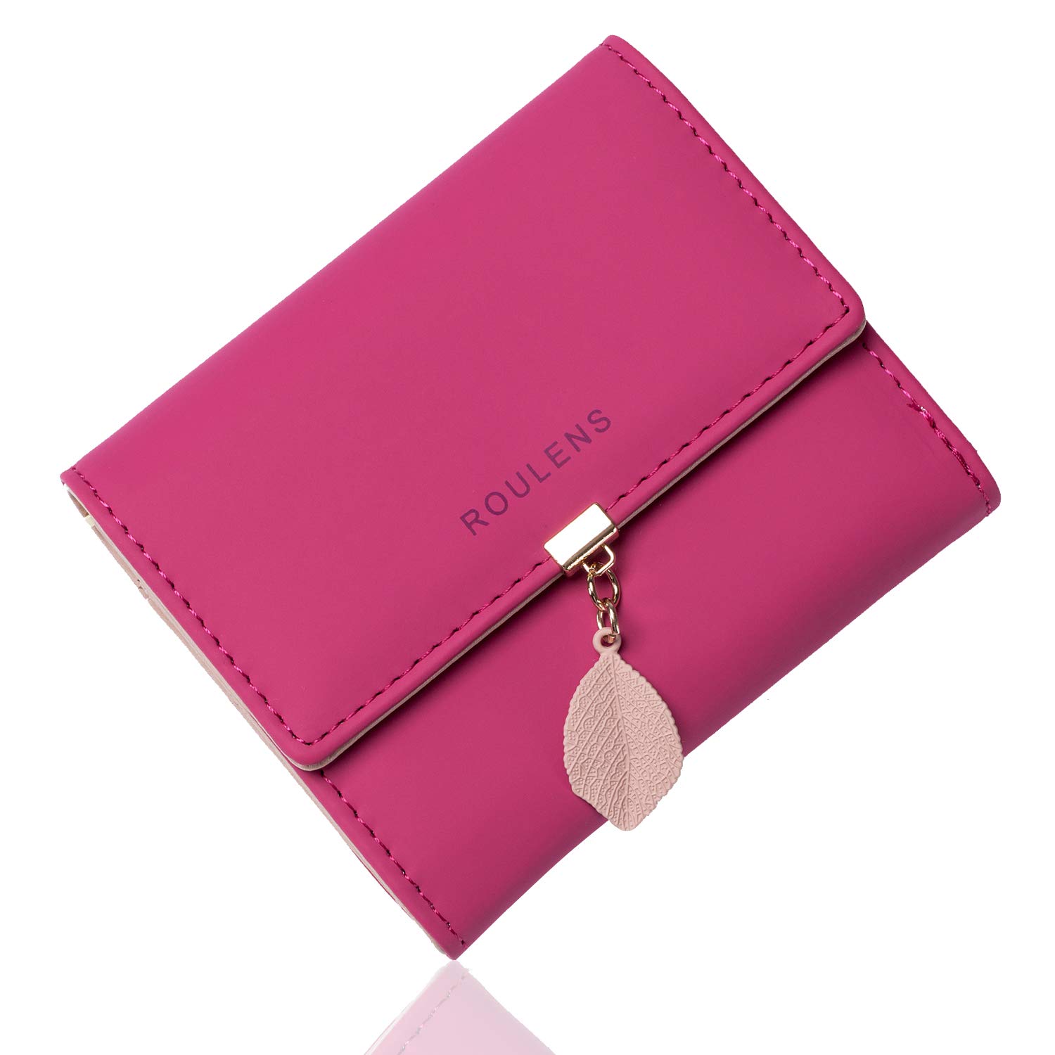 Roulens Ladies Purse, RFID Blocking PU Leather Wallet for Women Leaf Pendant Zipper Coin Purse with Multiple Card Slots and Roomy Compartment