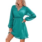 CUPSHE Womens Fall Wedding Guest Party Dress Long Sleeve V Neck Mini Dress Flowy Chiffon A Line Short Dresses