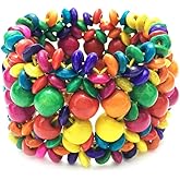 DATOA Boho Multi-Colored Wooden Beads Stretch Bracelet for Women Statement Wide Chunky Bangle Bohemian Jewelry Wood Elastic Wristband