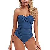 Hilor Women's Bandeau One Piece Swimsuits Front Twist Swimwear Ruched Bathing Suits Tummy Control