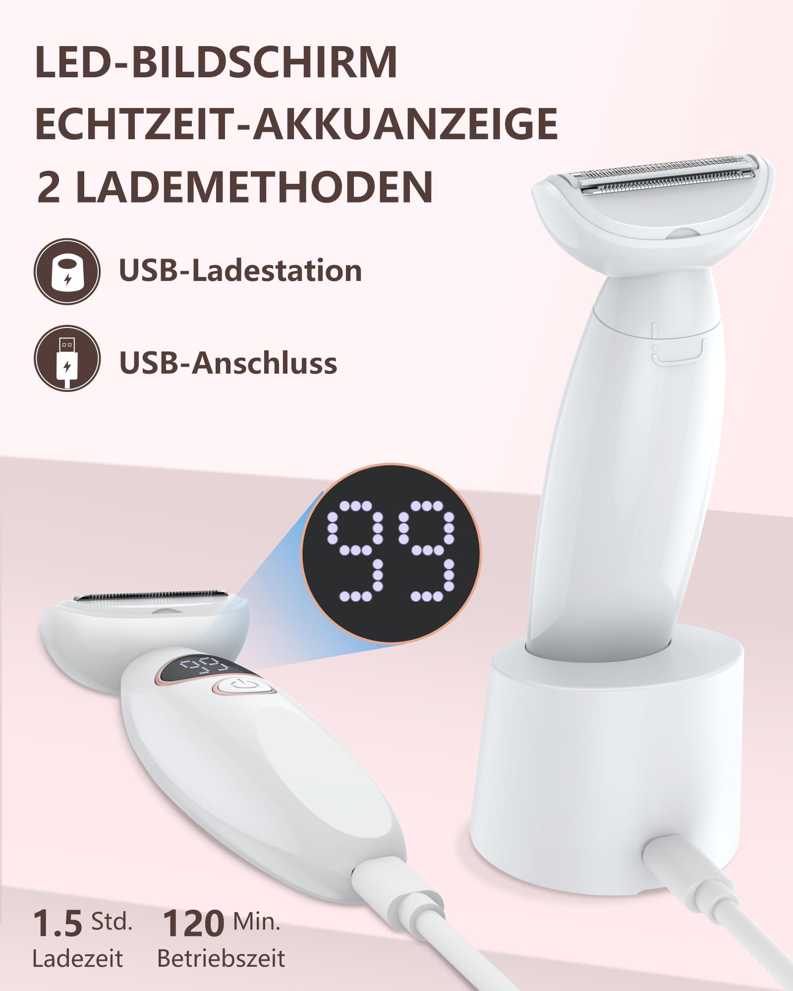 Rasierer Damen,3-In-1 Intimrasierer für Frauen,Gesichtshaarentferner für Frauen,Damenrasierer Elektrisch Nass-Trockenrasierer Ipx7 Wasserdicht Trimmer Damen,für Bikinizone Achseln Beine,USB-Aufladung 6