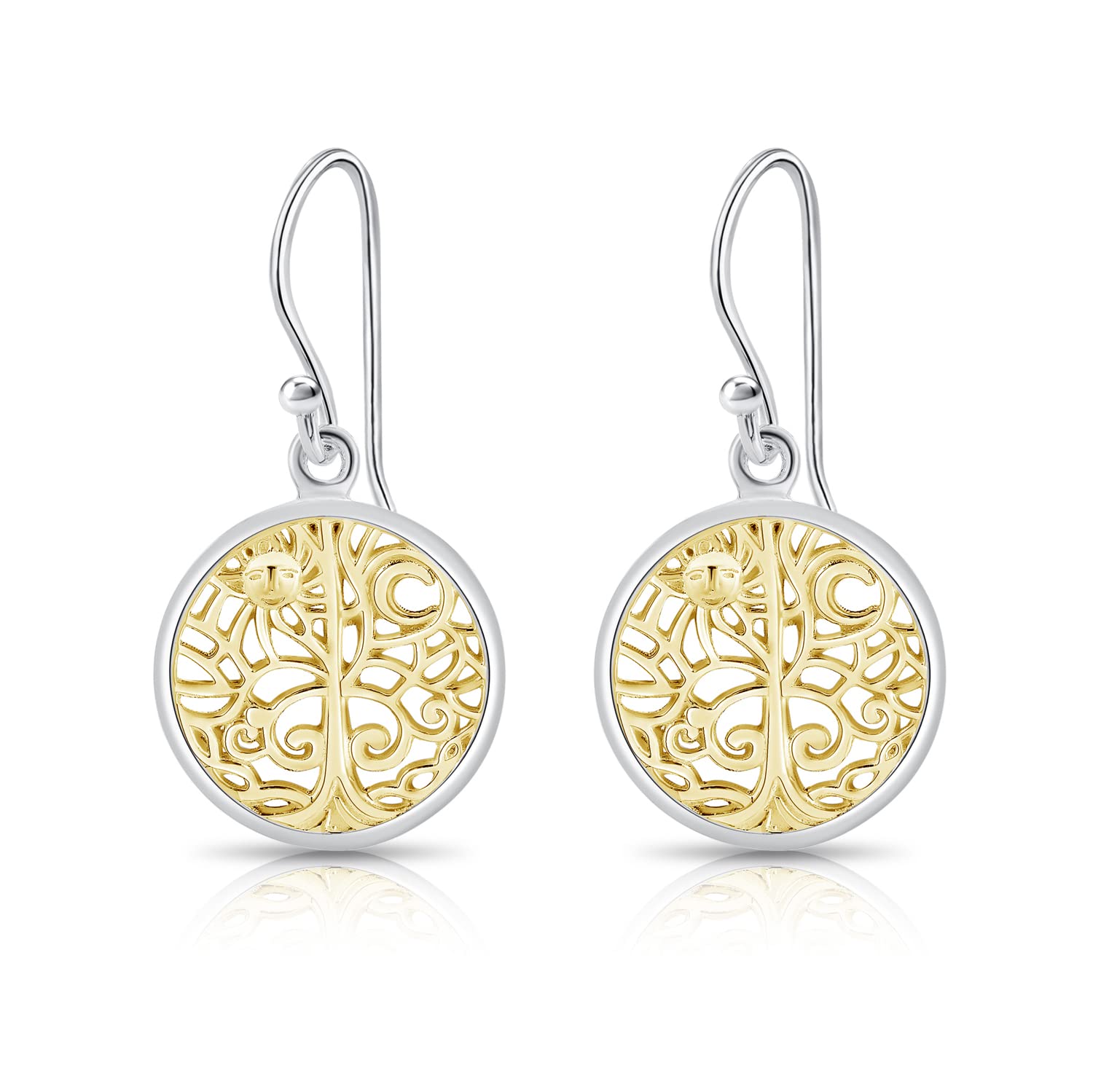 DTPsilver® 925 Sterling Silver & Yellow Gold Plated Drop/Dangle Hook Tree of life Earrings with Sun and Moon - Diameter 16 mm — image 1