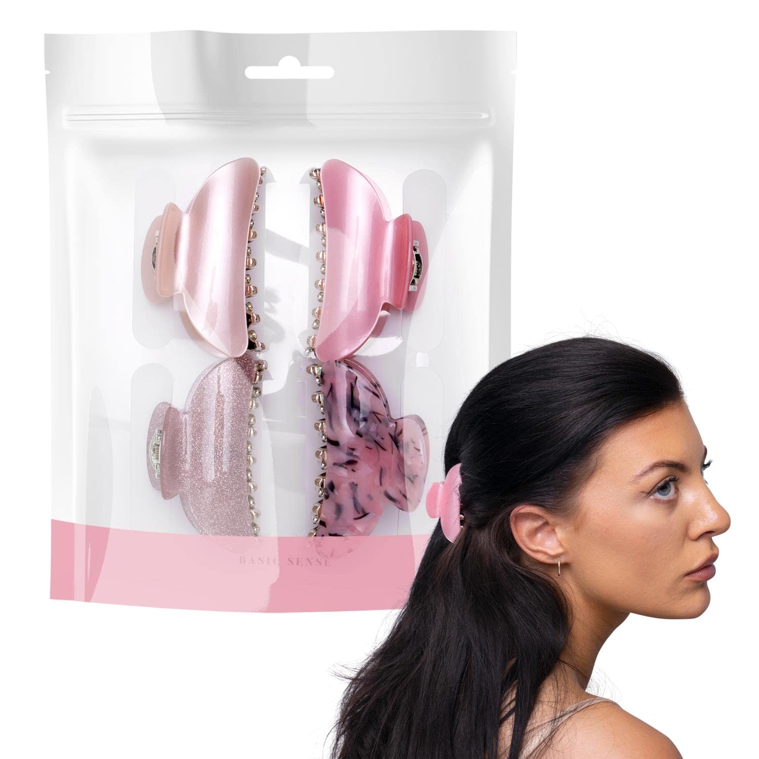 BasicSense 4PCS Hair Claw Set Sturdy Glitter Marble Clamp Clips Set for Women Girls Medium hair grips, Pink Assortment